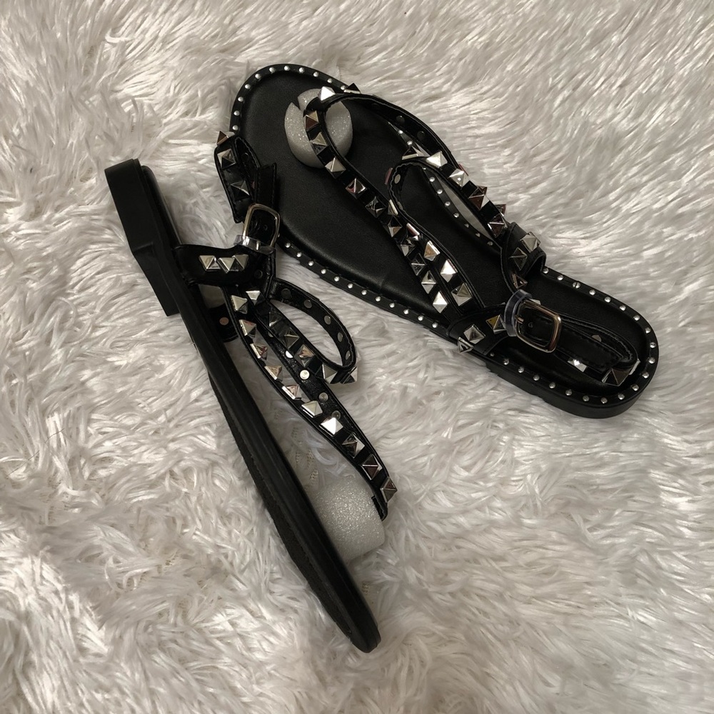Black Silver Studded Strappy Flat Sandals - Picture 3 of 3